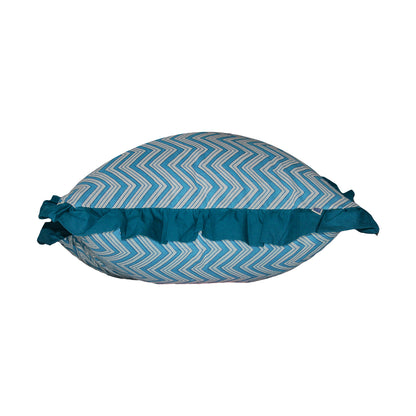 Block Print Global Threads Solid Blue Frill Reversible Cotton Cushion Cover Size 16"x16" Set of 2