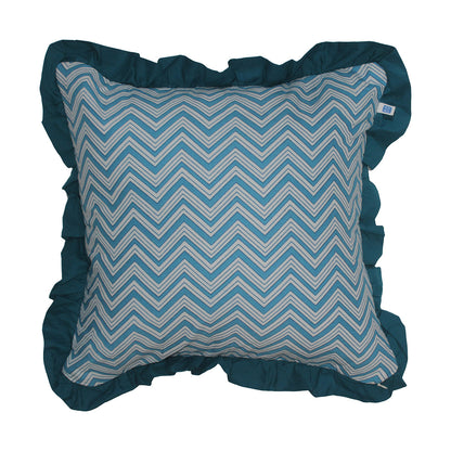 Block Print Global Threads Solid Blue Frill Reversible Cotton Cushion Cover Size 16"x16" Set of 2