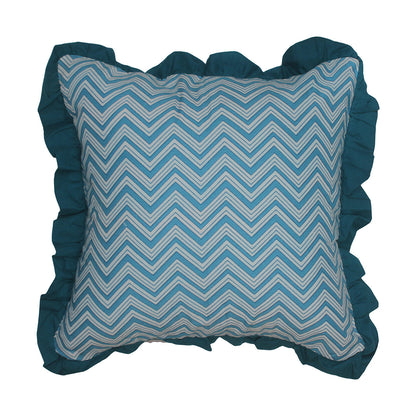Block Print Global Threads Solid Blue Frill Reversible Cotton Cushion Cover Size 16"x16" Set of 2