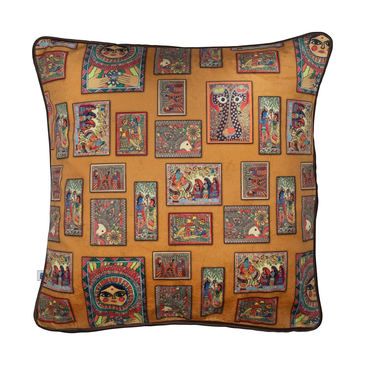 Madhubani Folk Lore Ethinic Print Velvet Mustard Cushion Cover 16" x 16"