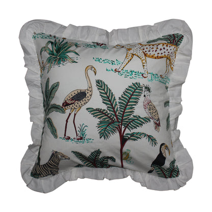 Wild Tropica Print Solid White Frill Reversible Cotton Cushion Cover Size 16"x16" Set of 2