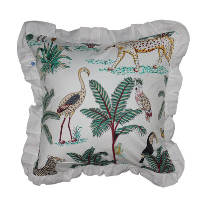 Wild Tropica Print Solid White Frill Reversible Cotton Cushion Cover Size 16"x16" Set of 2