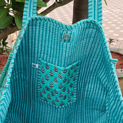 Hand Block Twiggy Leaf Printed Quilted Tote Bag Blue Size 18"x18"