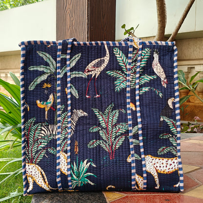 Hand Block Tropical Printed Quilted Tote Bag Navy Blue Size 18"x18"
