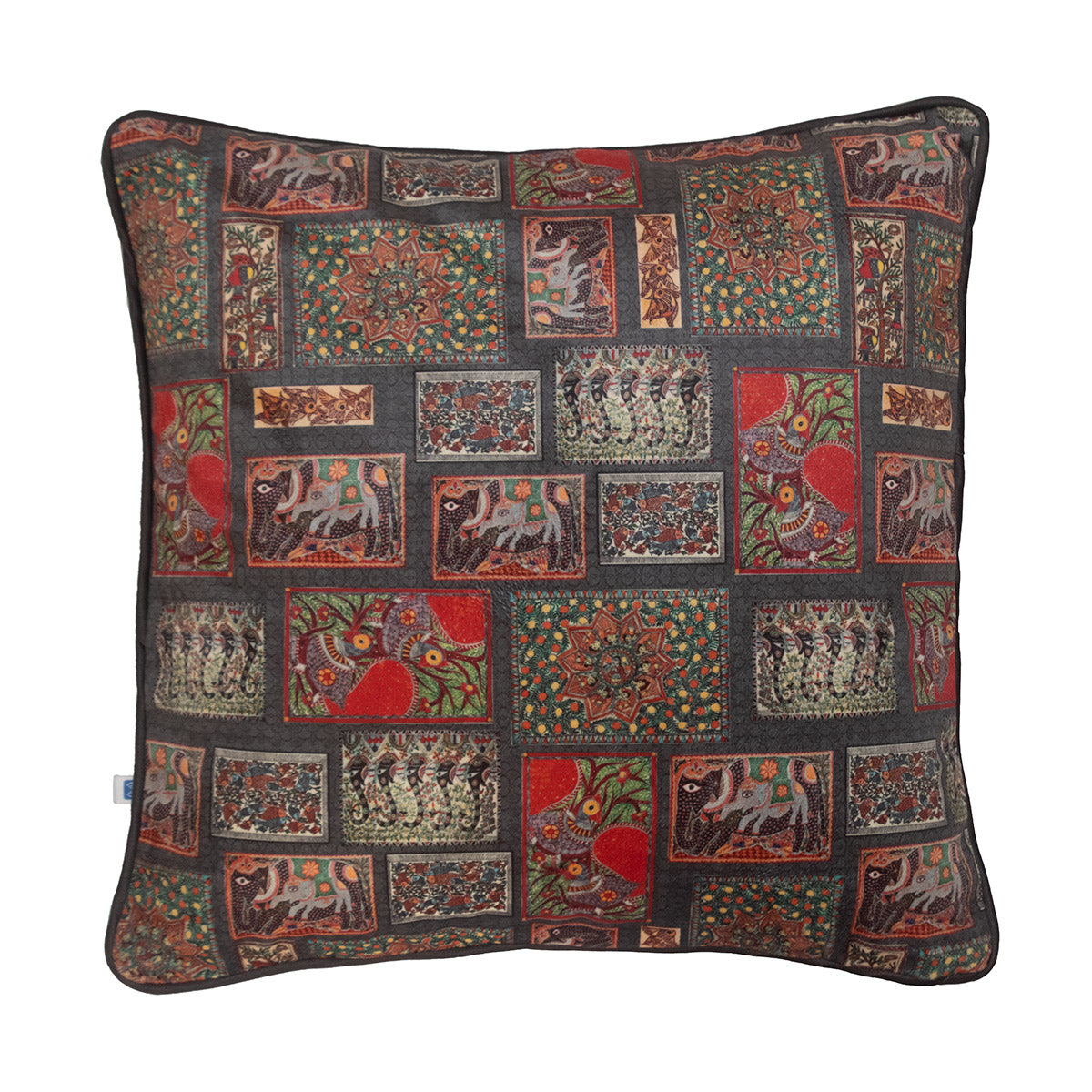 Madhubani Folk Lore Ethinic Print Velvet Grey Cushion Cover 16" x 16"