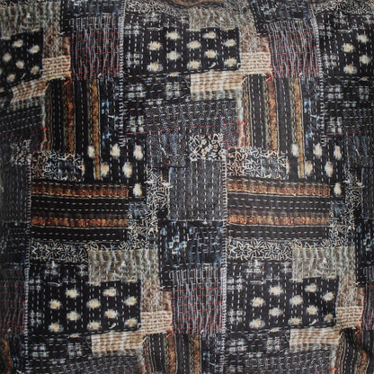 Ethinic Embroidered Kantha Quilt Scape Black Print Velvet Cushion Cover 16" X 16"