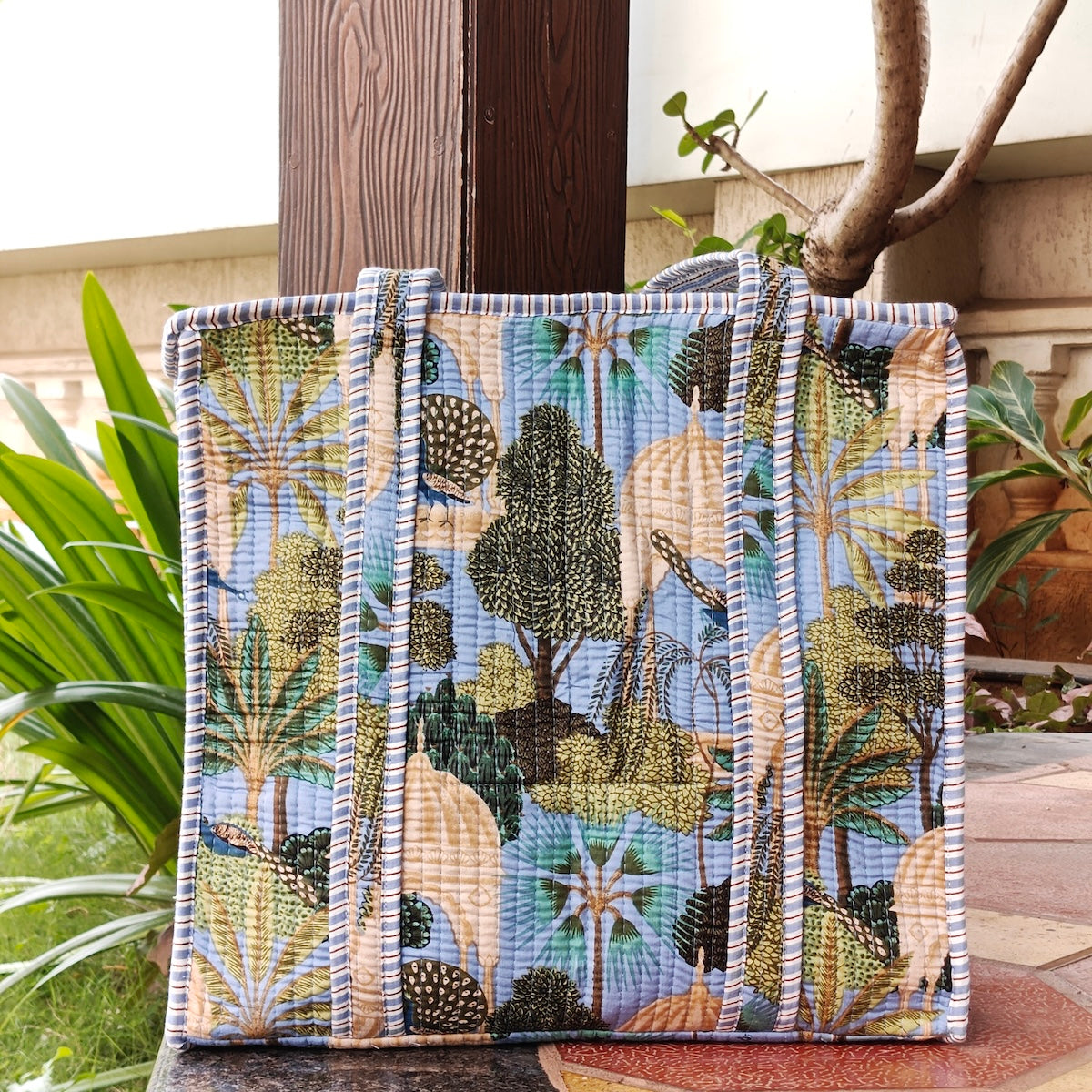 Hand Block Heritage Printed Quilted Tote Bag Blue Size 18"x18"