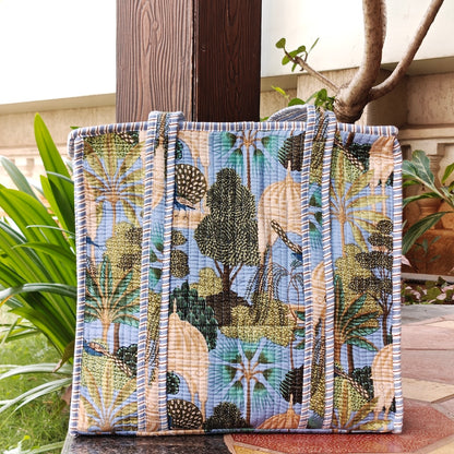 Hand Block Heritage Printed Quilted Tote Bag Blue Size 18"x18"