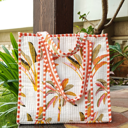 Hand Block Palm Printed Quilted Tote Bag Offwhite Size 16"x16"