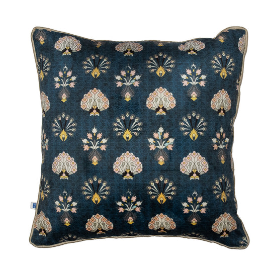 Mughal Motif Print Velvet Navy Blue Cushion Cover 16" x 16"