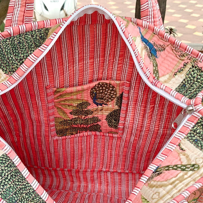 Hand Block Heritage Printed Quilted Tote Bag Peach Size 16"x16"