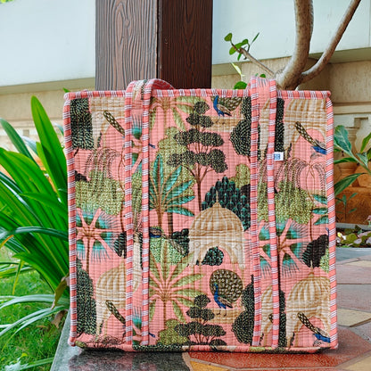 Hand Block Heritage Printed Quilted Tote Bag Peach Size 16"x16"