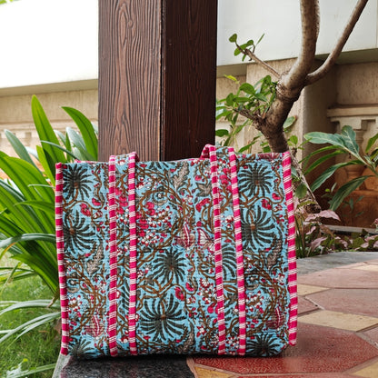 Hand Block Floral Printed Quilted Tote Bag Blue & Pink Size 14"x14"