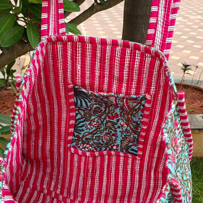 Hand Block Floral Printed Quilted Tote Bag Blue & Pink Size 14"x14"