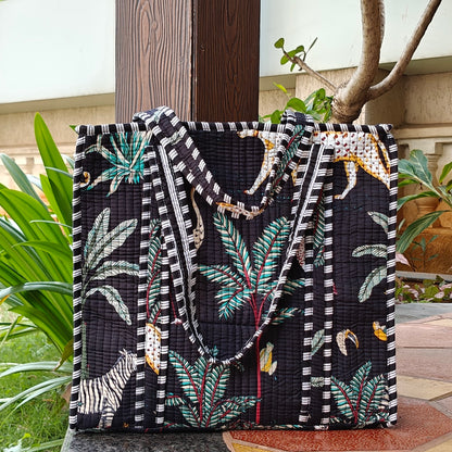 Hand Block Tropical Printed Quilted Tote Bag Black Size 16"x16"