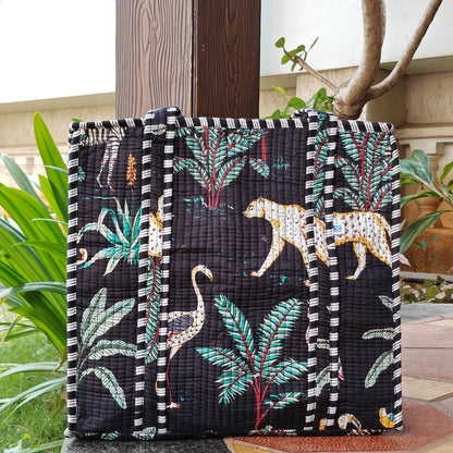 Hand Block Tropical Printed Quilted Tote Bag Black Size 16"x16"