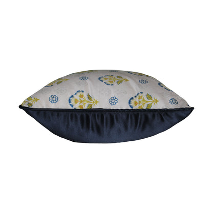 Mughal Motif Print Velvet Offwhite Blue Cushion Cover 16" x 16"