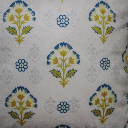 Mughal Motif Print Velvet Offwhite Blue Cushion Cover 16" x 16"