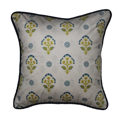 Mughal Motif Print Velvet Offwhite Blue Cushion Cover 16" x 16"
