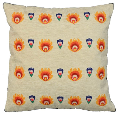 Decorative Polska Buti Print Art Silk Chenille Weave Cream Cushion Cover Size 16"x16" Set of