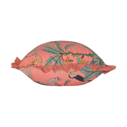 Wild Tropica Print Solid Peach Frill Reversible Cotton Cushion Cover Size 16"x16" Set of 2