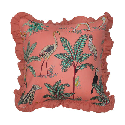 Wild Tropica Print Solid Peach Frill Reversible Cotton Cushion Cover Size 16"x16" Set of 2