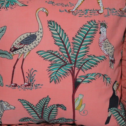 Wild Tropica Print Solid Peach Frill Reversible Cotton Cushion Cover Size 16"x16" Set of 2