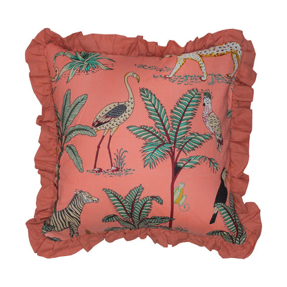 Wild Tropica Print Solid Peach Frill Reversible Cotton Cushion Cover Size 16"x16" Set of 2