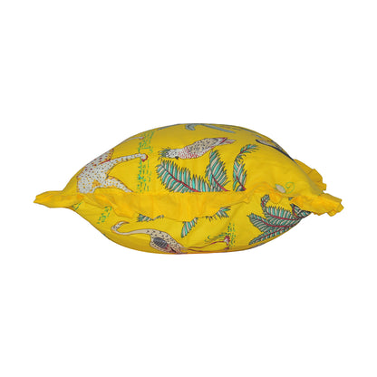 Wild Tropica Print Solid Yellow Frill Reversible Cotton Cushion Cover Size 16"x16" Set of 2