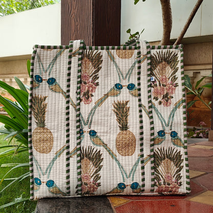 Hand Block Palm Pineapple Printed Quilted Tote Bag Offwhite Size 18"x18"