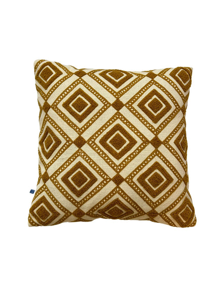 Hand Embroidery Aztec Diamonds Mustard Cotton Slub Cushion Cover Size 16"x16"