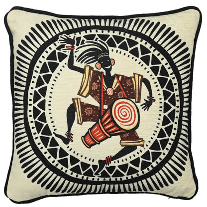 African Dancing Drumer Print Art Silk Chenille Weave Cream Cushion Cover Size 16"x16"