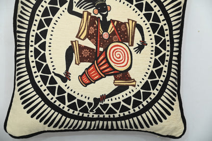 African Dancing Drumer Print Art Silk Chenille Weave Cream Cushion Cover Size 16"x16"