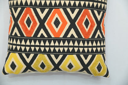 Bright Aztec Diamonds Hand Embroidery and Print Multicolour Cotton Cushion Cover Size 16"x16"