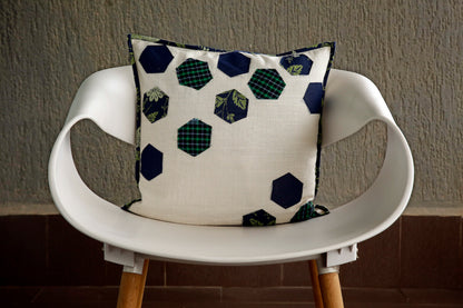 Decorative Hexagon Patchwork Off white Outdoor Cotton Linen Cushion Cover Size 16"x16"