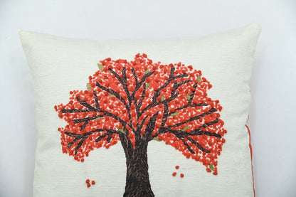 Tree of Life Hand Knot Embroidery and Print Art Silk Cheneil Weave Offwhite and Orange Cushion Cover Size 16"x16"