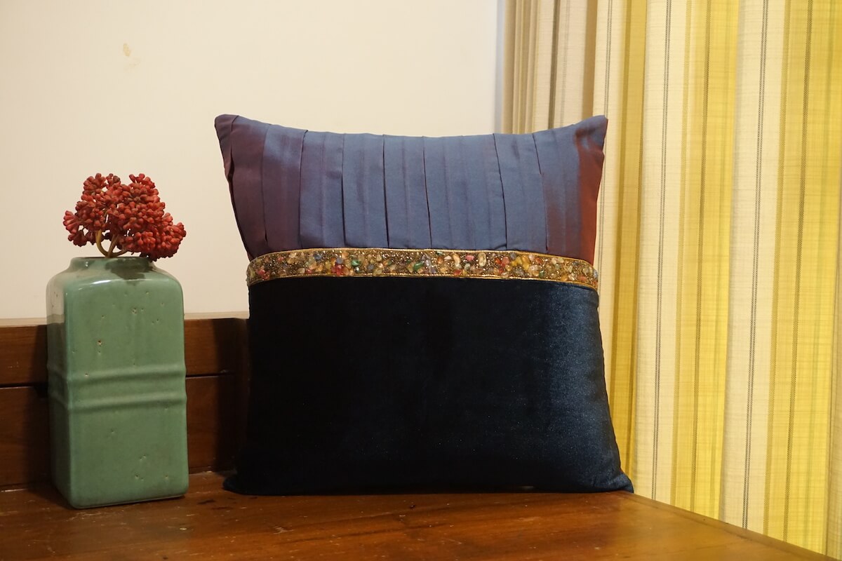 Multicolor Bold Lace Dual colour Velvet and Taffeta Blue Cushion Cover Size 16"x16"