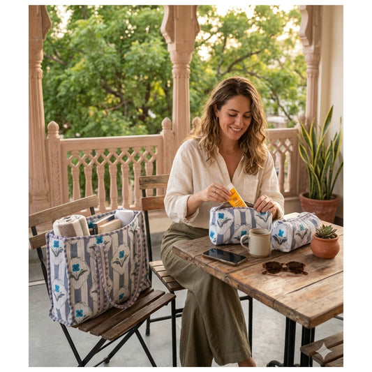 Amber Lines  Block Print Quilted  Cotton Tote Bag With Pouch Set of 4 Grey 15"x15"