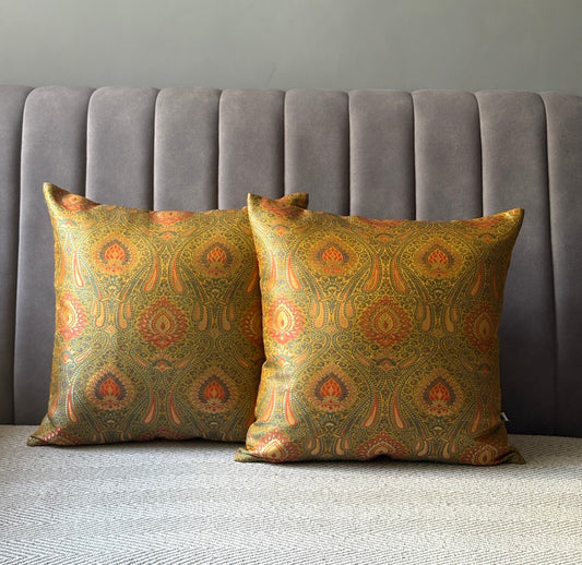 Baag  Mustard-Green Banarasi Brocade- Cushion Cover Set of 2- 16"x16"