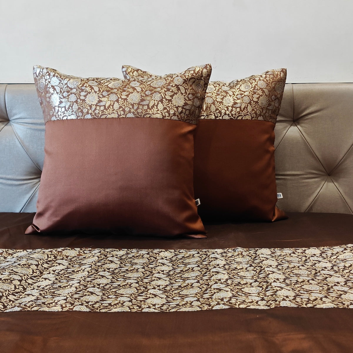 Luxe Coffee Brown Banarasi Brocade Bedcover & Cushion Cover Set