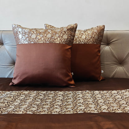 Luxe Coffee Brown Banarasi Brocade Bedcover & Cushion Cover Set