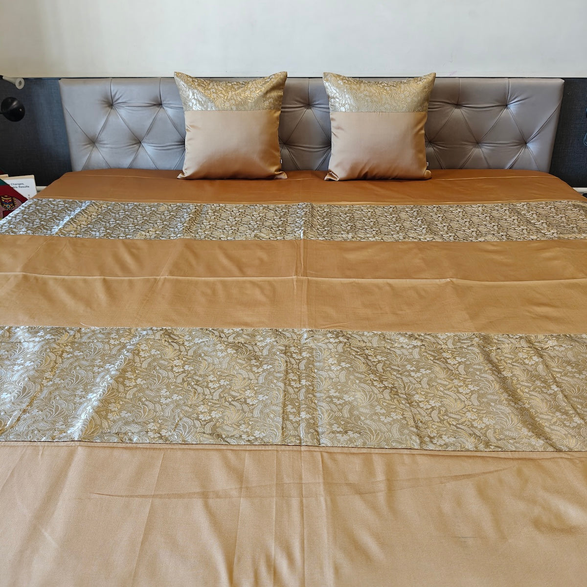 Luxe Marigold Banarasi Brocade Bedcover & Cushion Cover Set