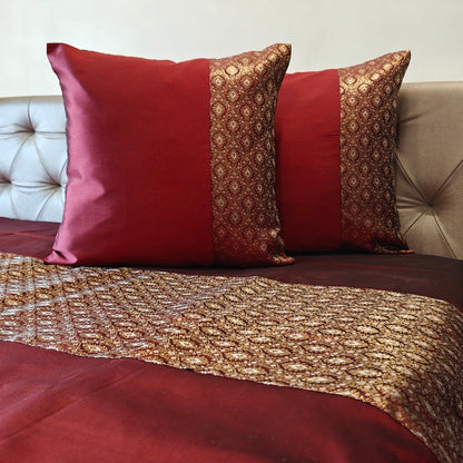Luxe Maroon Banarasi Brocade Bedcover & Cushion Cover Set