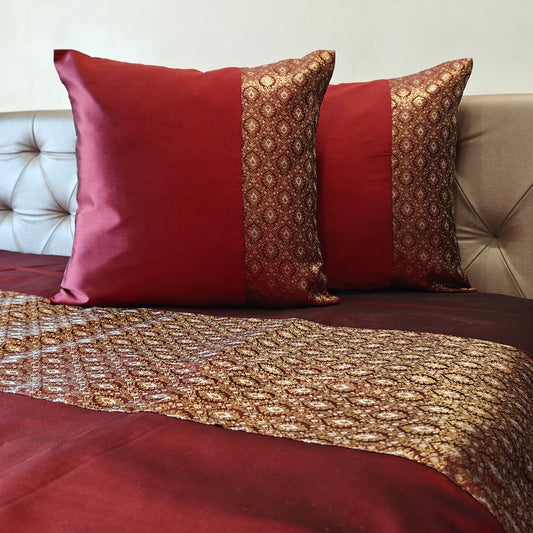 Luxe Maroon Banarasi Brocade Bedcover & Cushion Cover Set