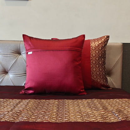 Luxe Maroon Banarasi Brocade Bedcover & Cushion Cover Set