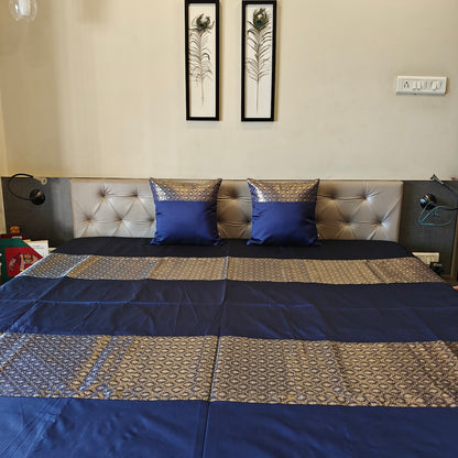 Luxe Navy Blue Banarasi Brocade Bedcover & Cushion Cover Set