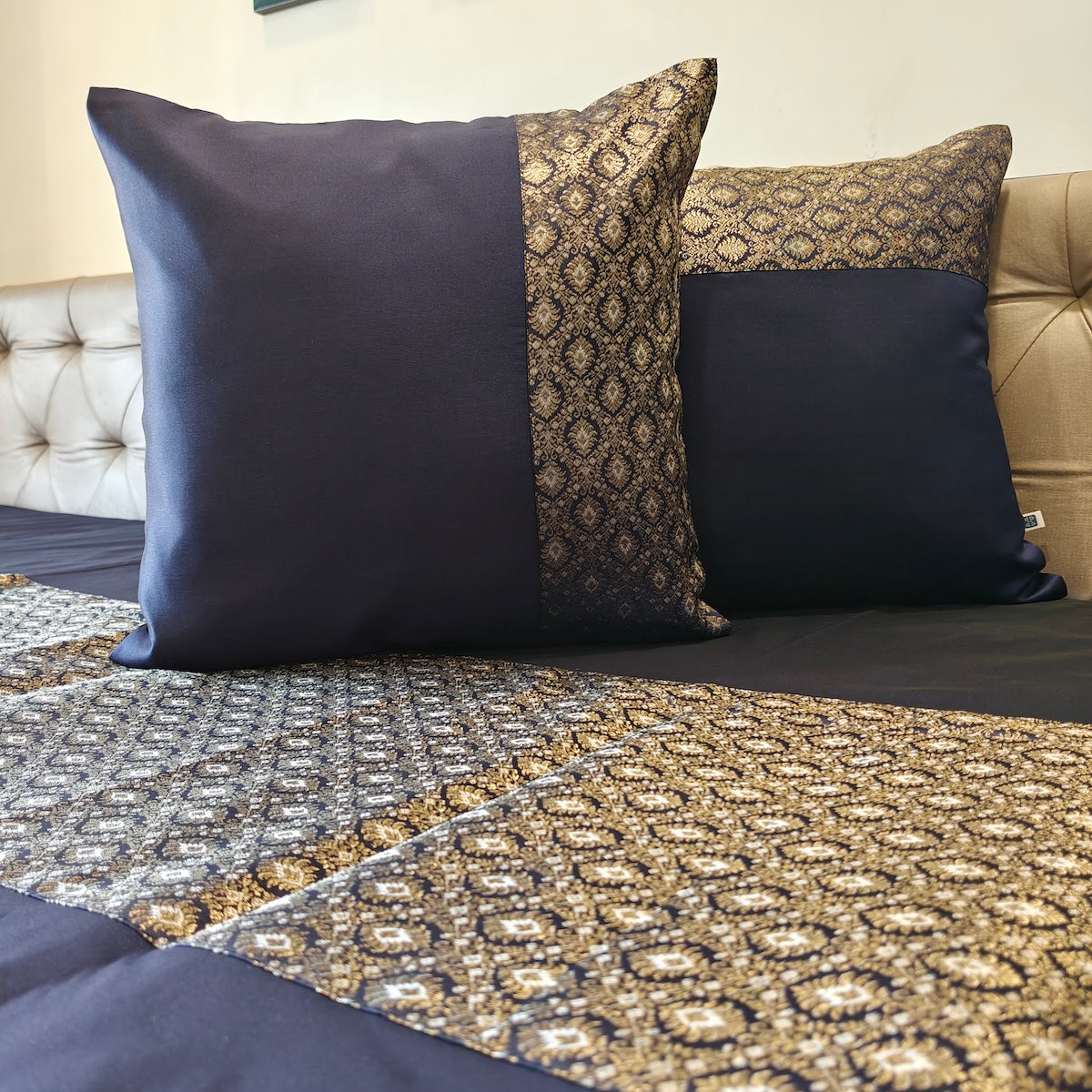 Luxe Navy Blue Banarasi Brocade Bedcover & Cushion Cover Set