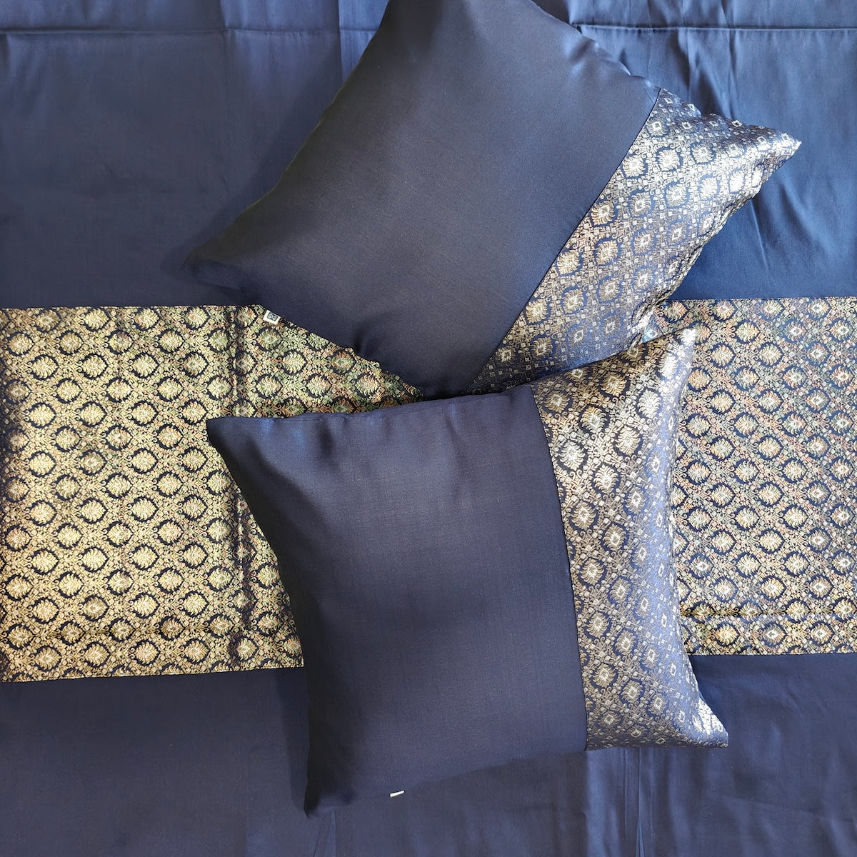 Luxe Navy Blue Banarasi Brocade Bedcover & Cushion Cover Set