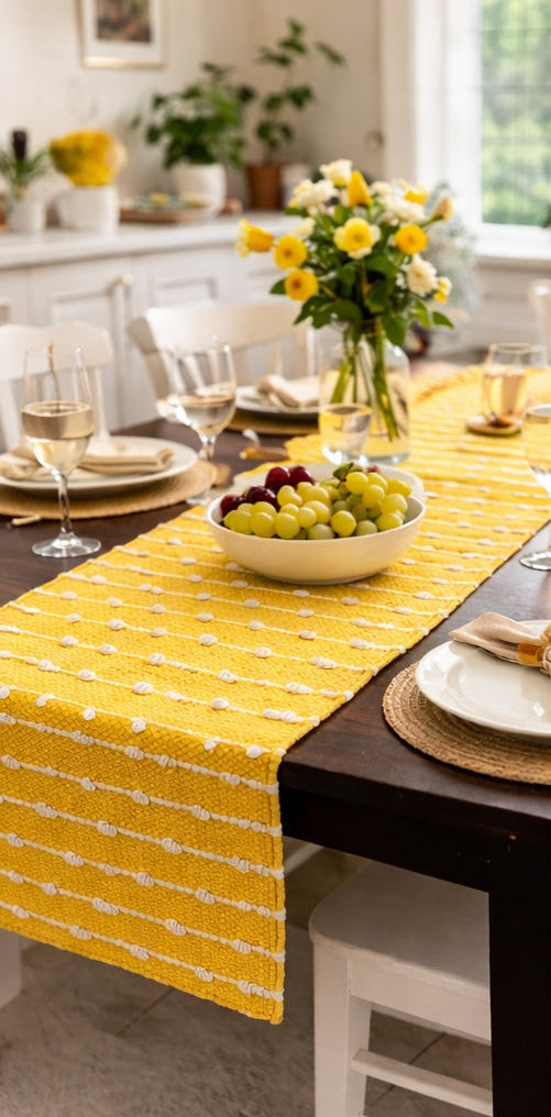Handloom Cotton Table Runner 14” x 72” | Yellow Decorative Dining Table Runner
