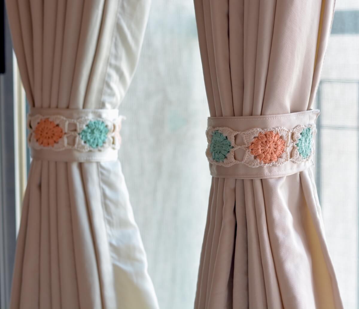 Hand Crafted Crochet Curtain Tiebacks Peach and Teal